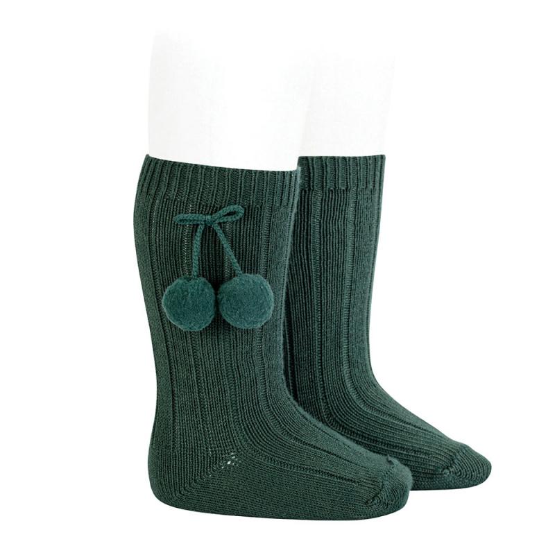 Condor Bottle Green Knee High Pom Pom Socks | Millie and John