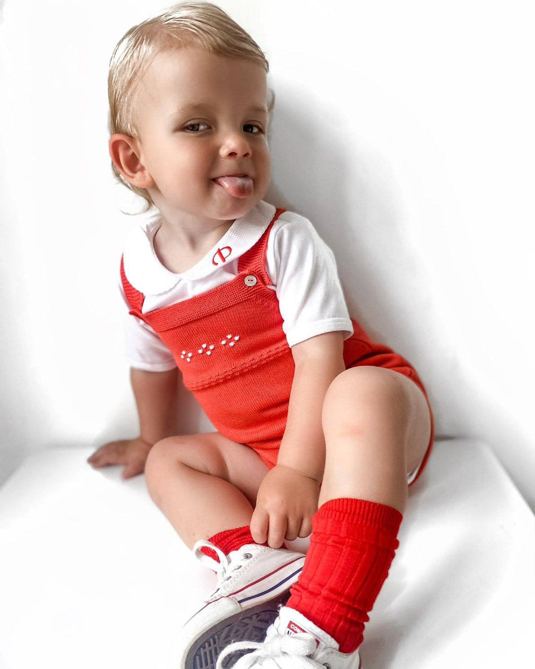 Granlei Classic Knitted Dungaree Romper - Red | Millie and John