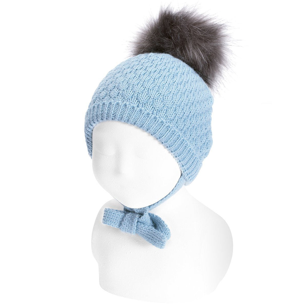 Condor Cloud Blue Faux Fur Pom Pom Hat with Ties | Millie and John