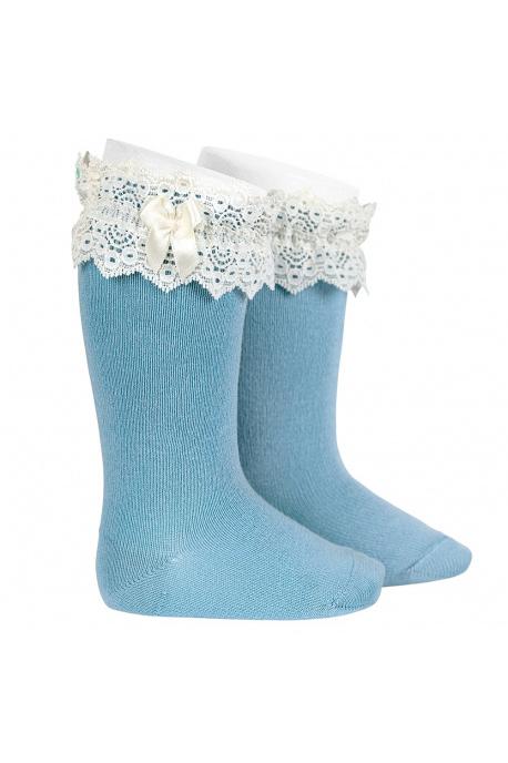 Condor Cloud Blue Lace Trim Knee High Socks | Millie and John