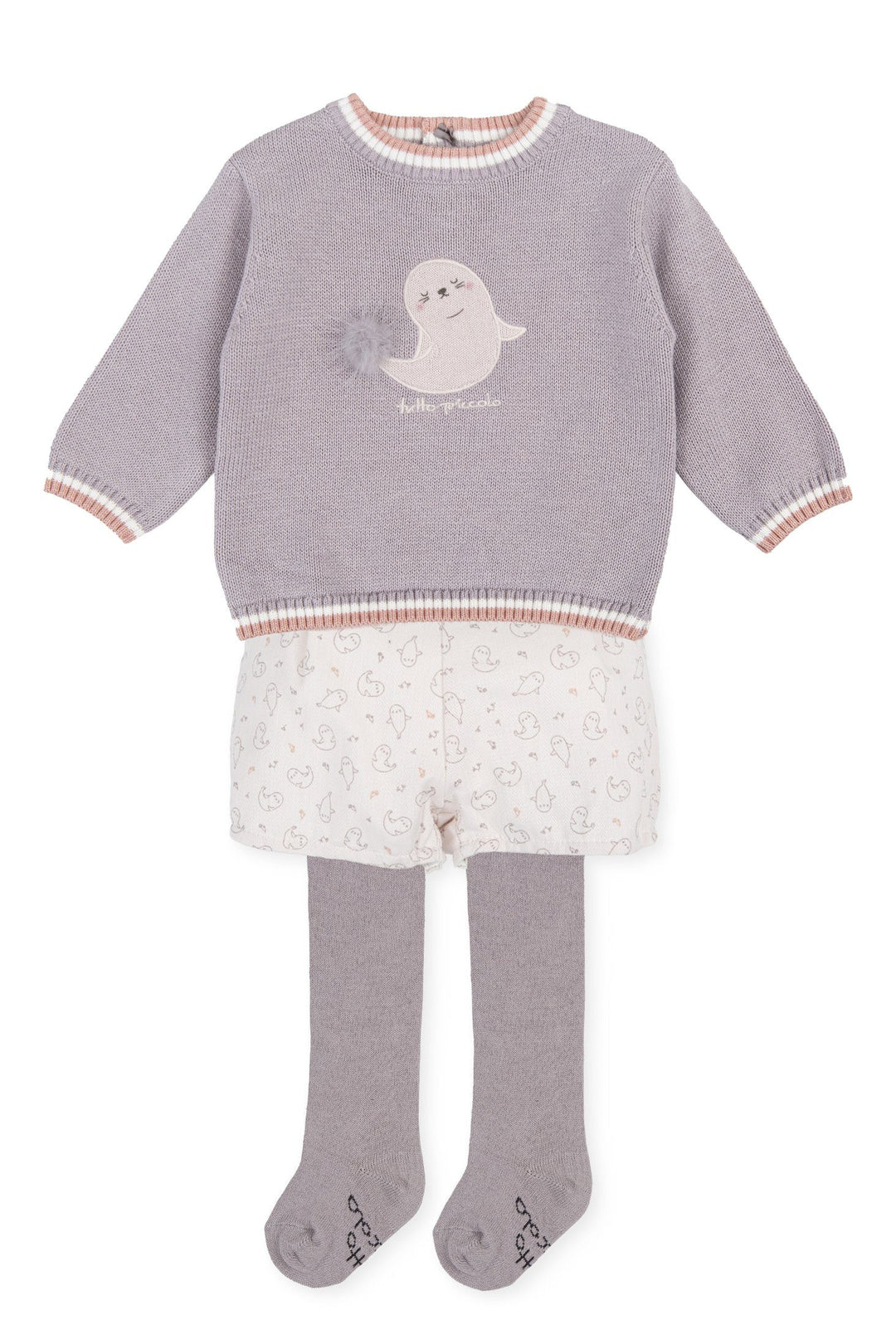 Tutto Piccolo "Devin" Grey Knit Seal Top, Jam Pants & Tights | Millie and John