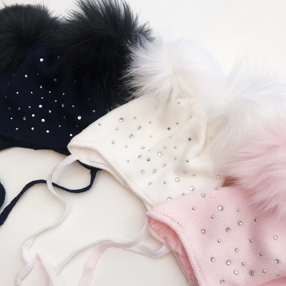 Kinder Diamanté Faux Fur Double Pom Pom Hat | Millie and John