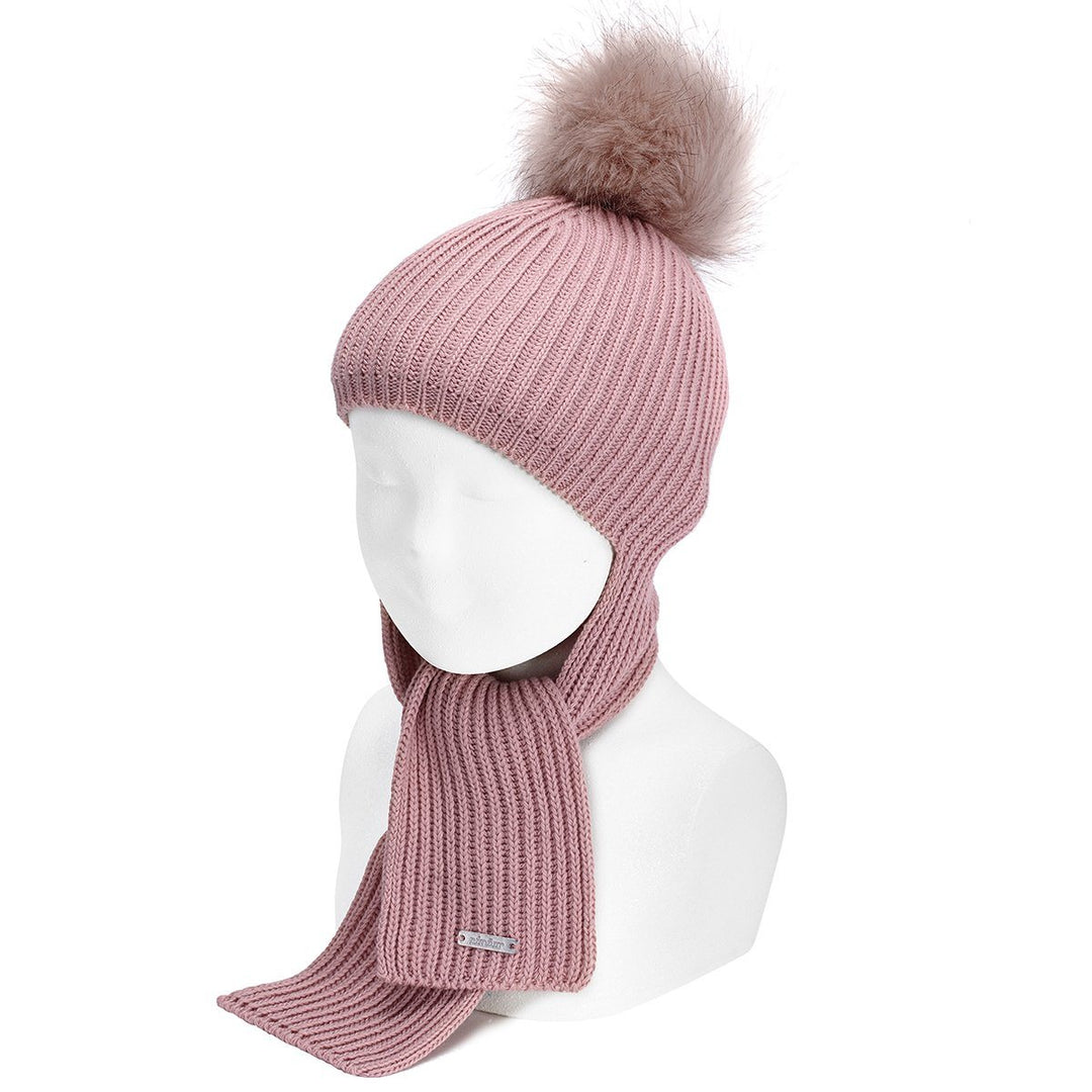 Condor Dusky Pink Faux Fur Pom Pom Hat-Scarf | Millie and John
