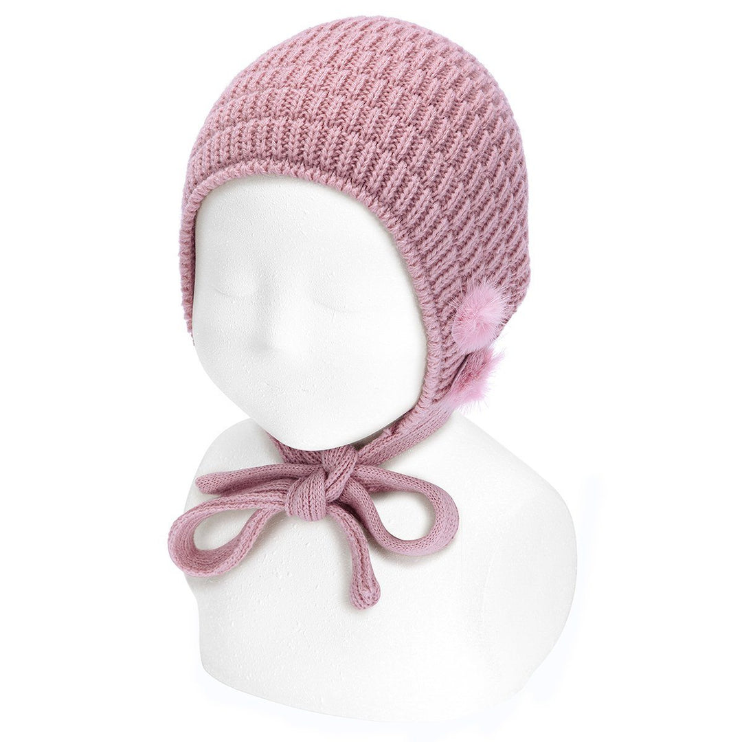 Condor Dusky Pink Knitted Bonnet with Pom Poms | Millie and John
