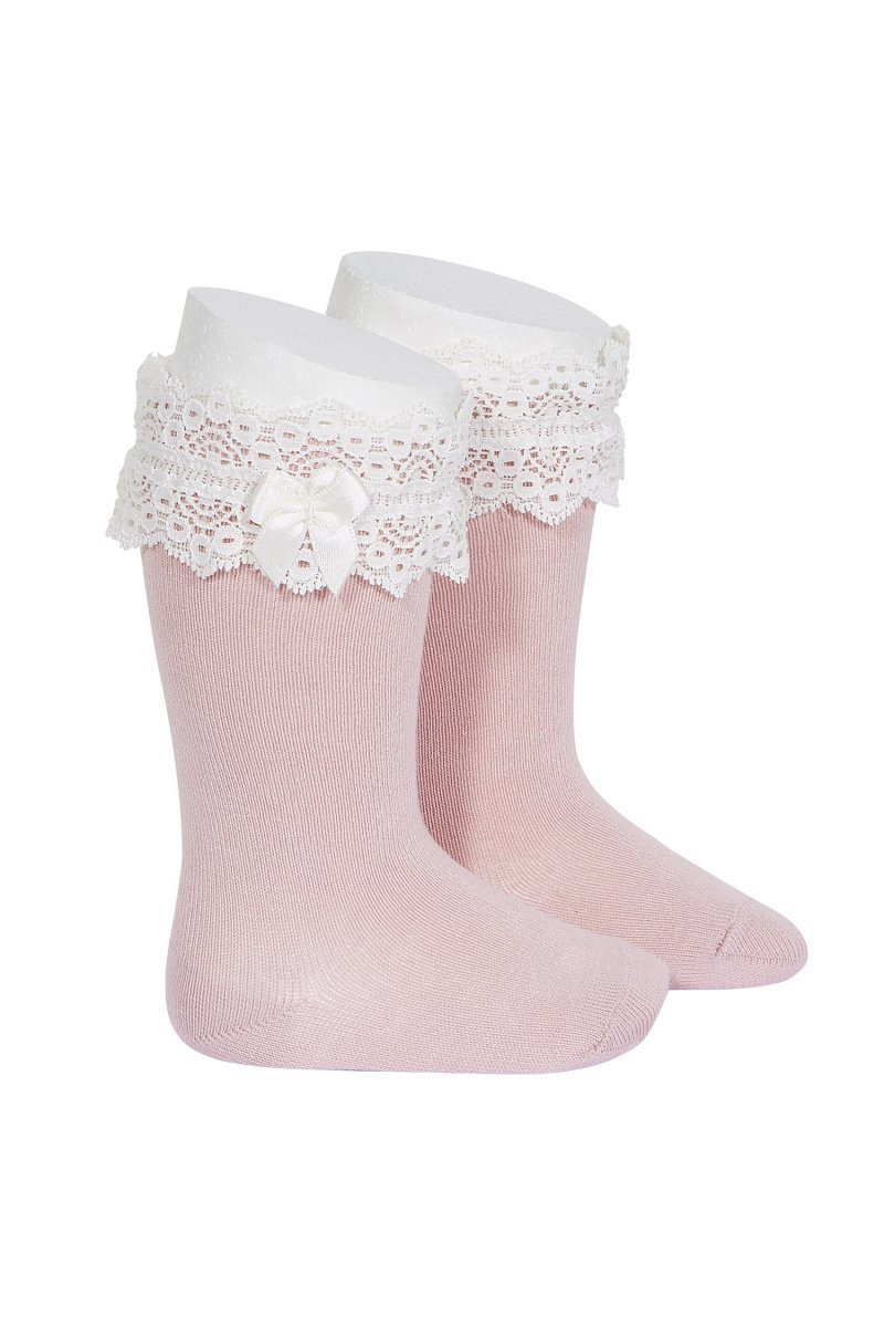 Condor Dusky Pink Lace Trim Knee High Socks | Millie and John