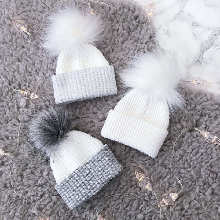Millie and John First Size Grey & White Faux Fur Pom Pom Hat | Millie and John