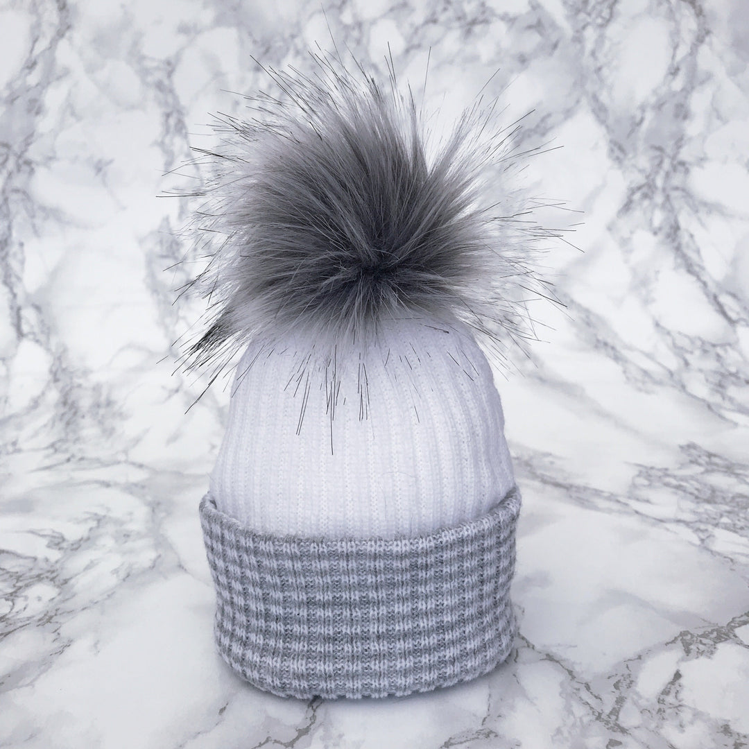 Millie and John First Size Grey & White Faux Fur Pom Pom Hat | Millie and John