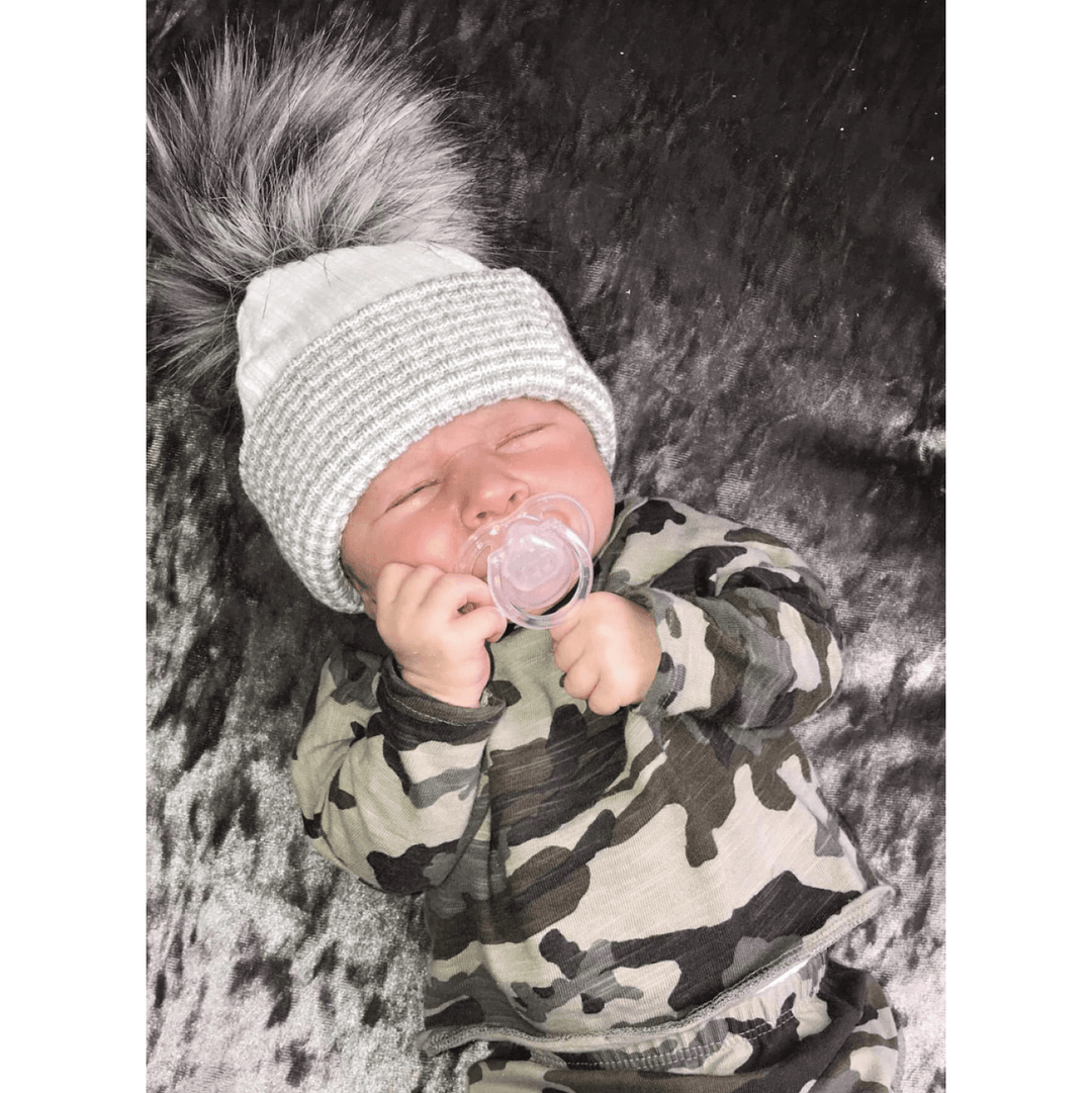 Millie and John First Size Grey & White Faux Fur Pom Pom Hat | Millie and John