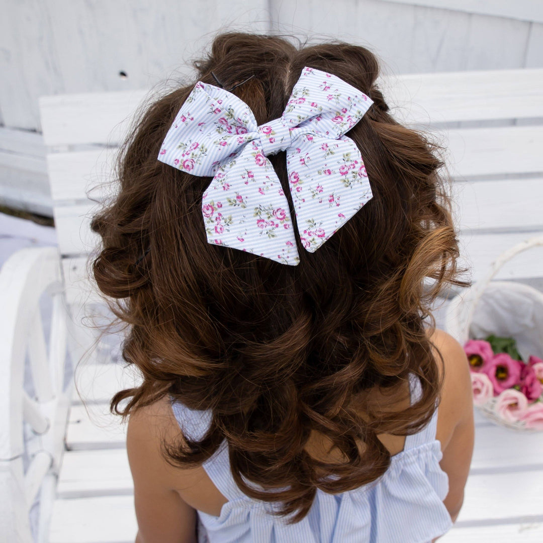 Caramelo Kids Floral Candy Stripe Hair Bow - Blue | Millie and John