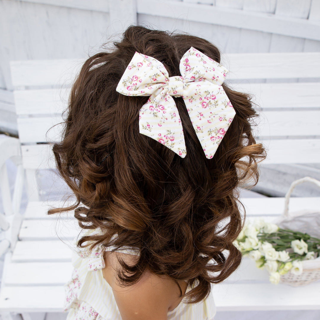 Caramelo Kids Floral Candy Stripe Hair Bow - Lemon | Millie and John