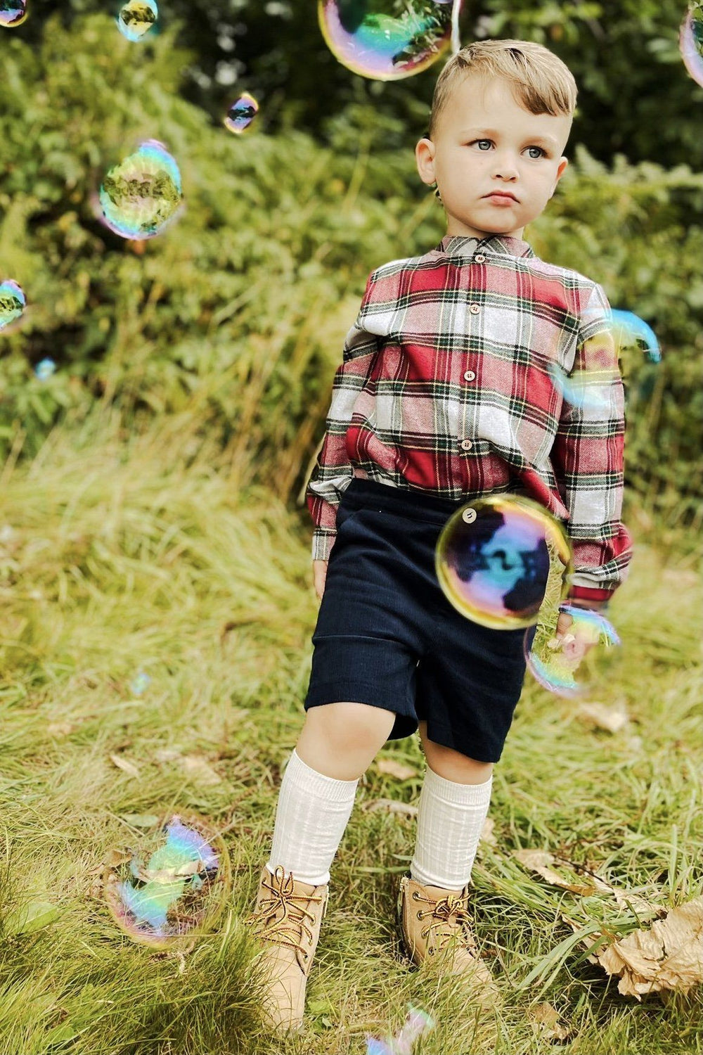 Babidu "Grayson" Red Tartan Shirt & Navy Cord Shorts | Millie and John