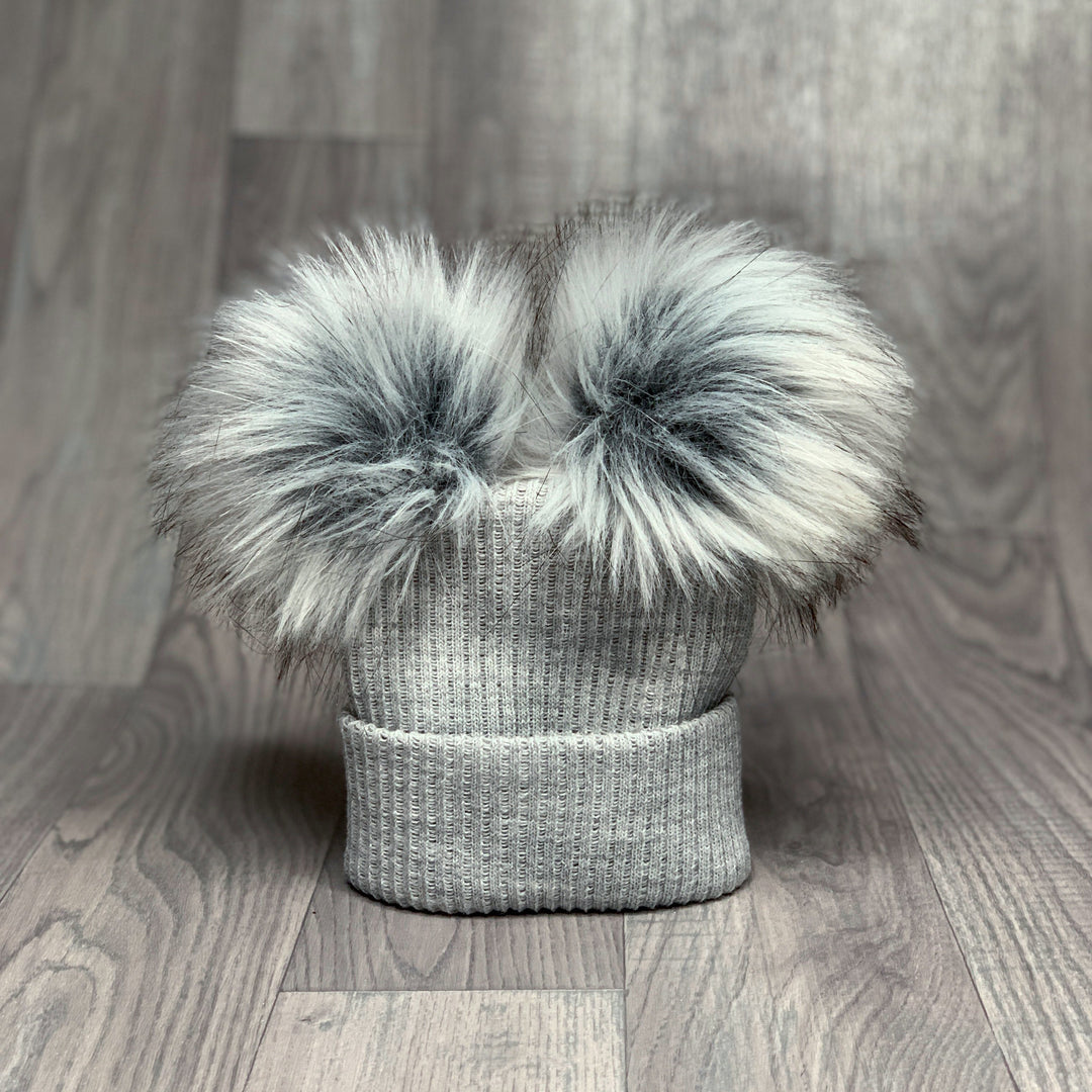 Millie and John Grey Ribbed Double Pom Pom Hat | Millie and John
