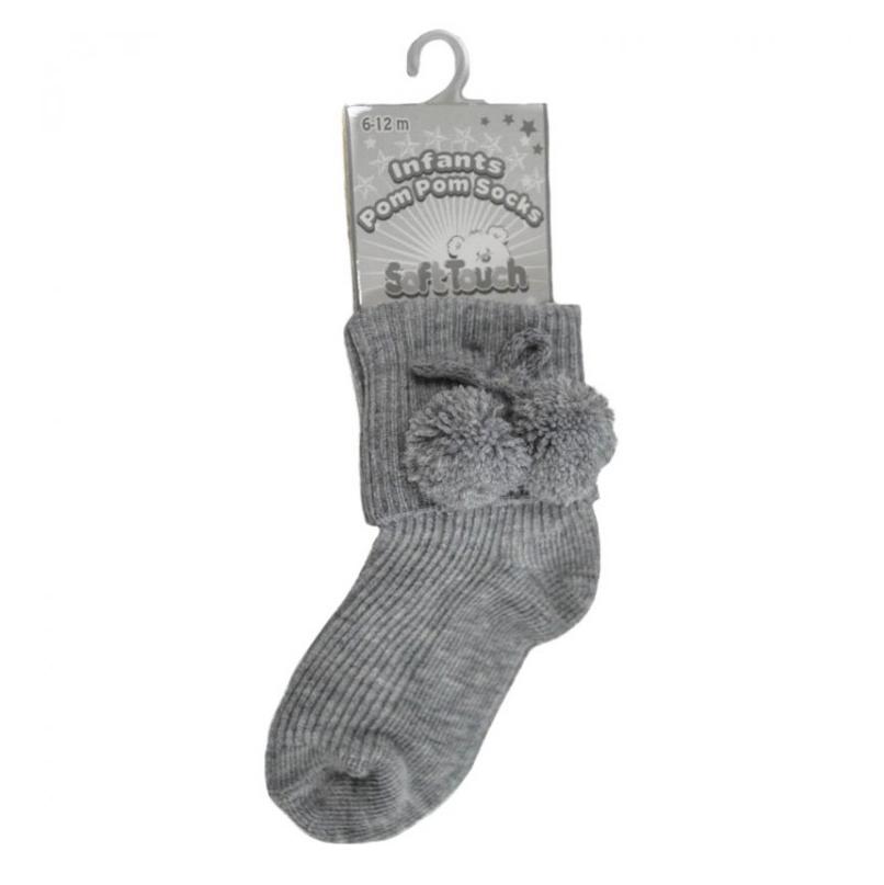 Soft Touch Grey Ribbed Pom Pom Ankle Socks | Millie and John