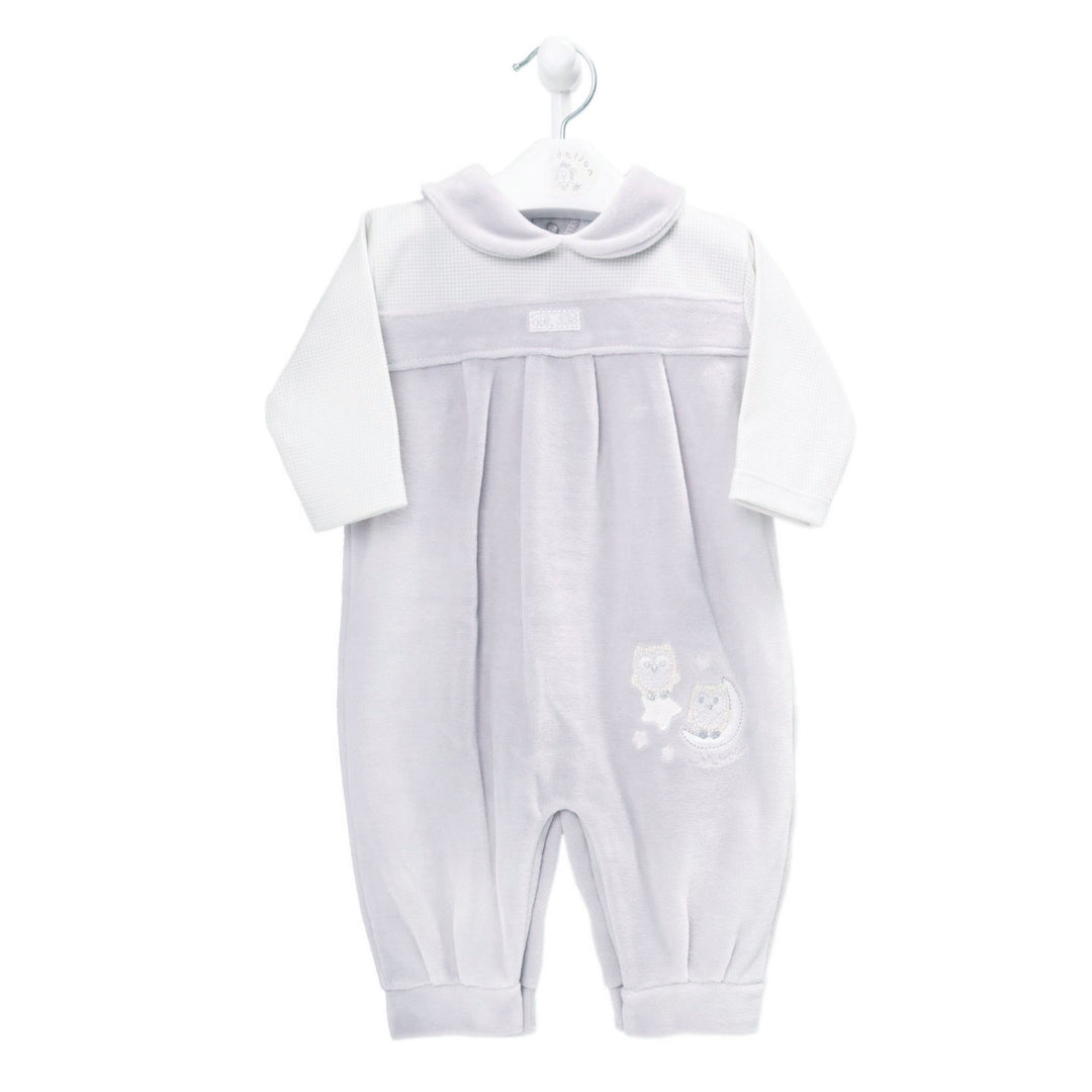 Dandelion Grey Velour "Owl on the Moon" Romper | Millie and John