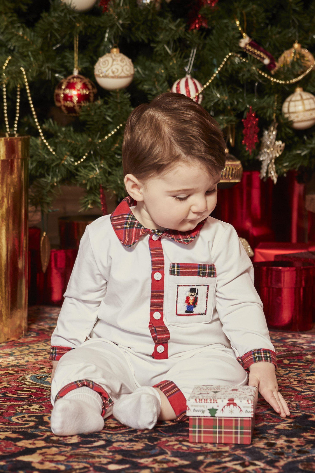 Caramelo Kids "Harrison" Red Tartan Smocked Romper | Millie and John