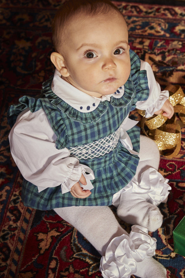 Caramelo Kids "Hollie" Bottle Green Tartan Smocked Romper Set | Millie and John