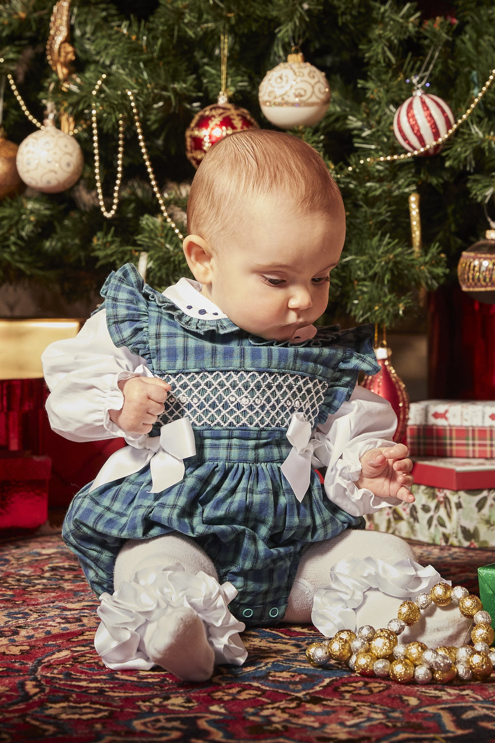 Caramelo Kids "Hollie" Bottle Green Tartan Smocked Romper Set | Millie and John