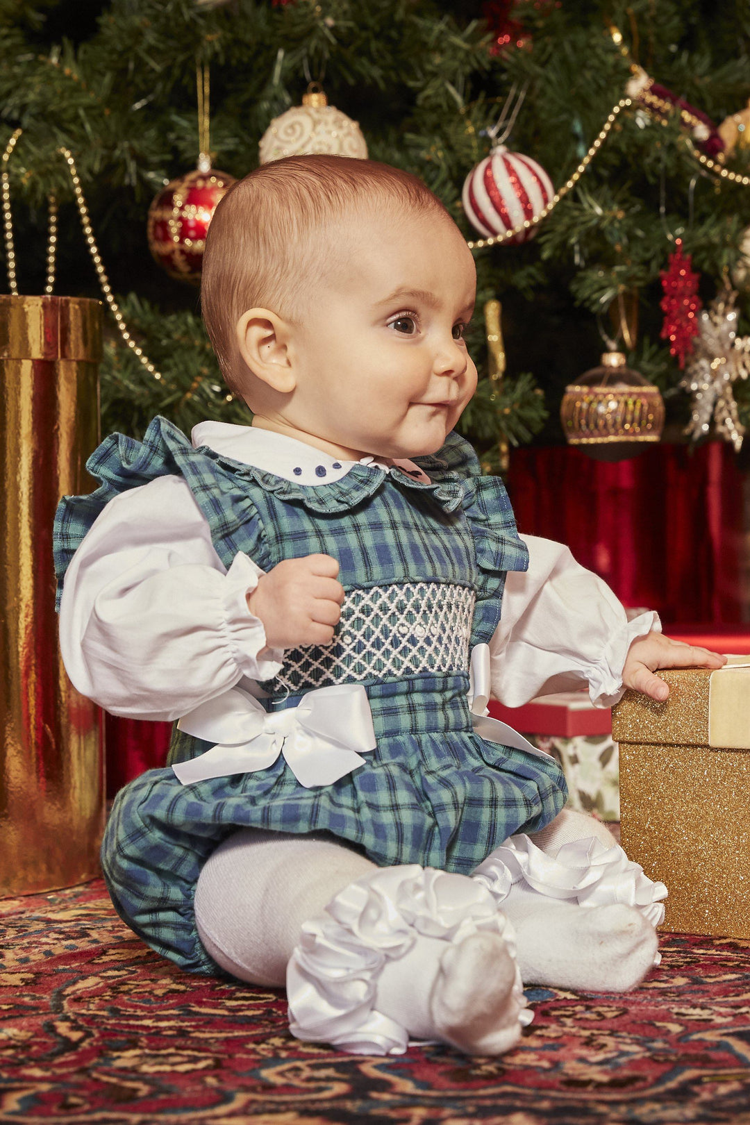 Caramelo Kids "Hollie" Bottle Green Tartan Smocked Romper Set | Millie and John