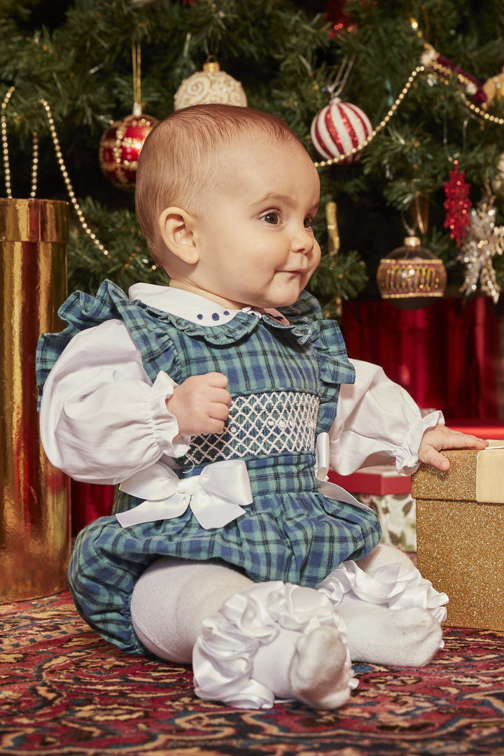 Caramelo Kids "Hollie" Bottle Green Tartan Smocked Romper Set | Millie and John
