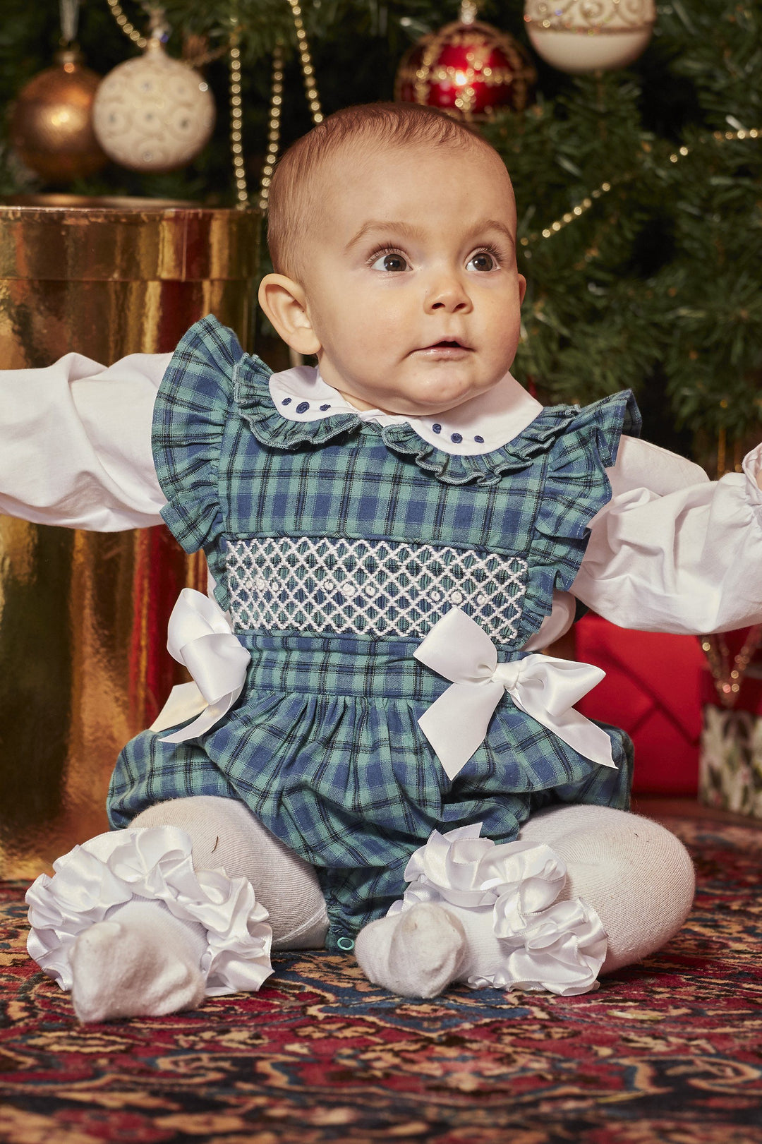 Caramelo Kids "Hollie" Bottle Green Tartan Smocked Romper Set | Millie and John