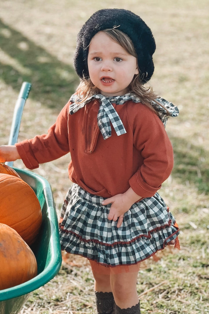 Valentina Bebes "Ruby" Rust Hoodie & Black Gingham Skirt | Millie and John