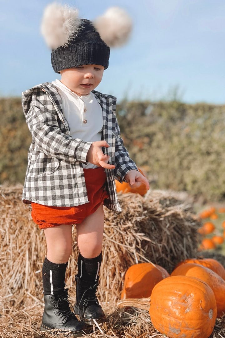 Valentina Bebes "Mateo" Black Gingham Hoodie, Top & Rust Shorts | Millie and John