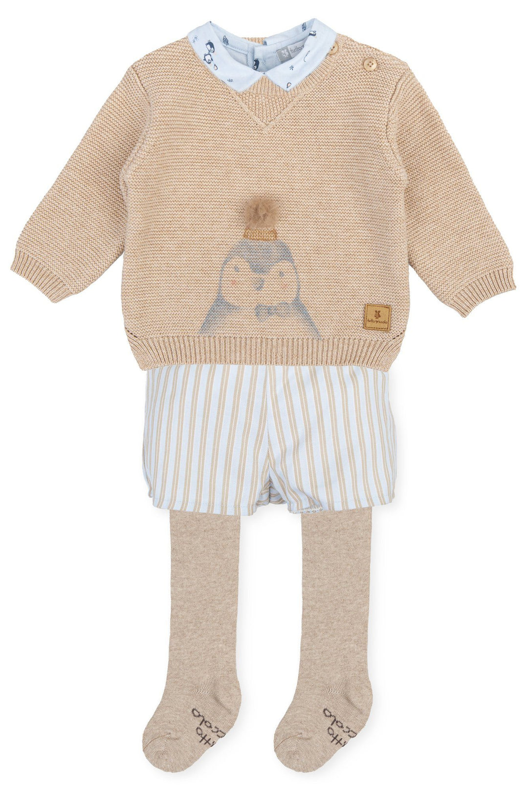 Tutto Piccolo "Kaleb" Beige Knit Penguin Top, Shirt, Jam Pants & Tights | Millie and John