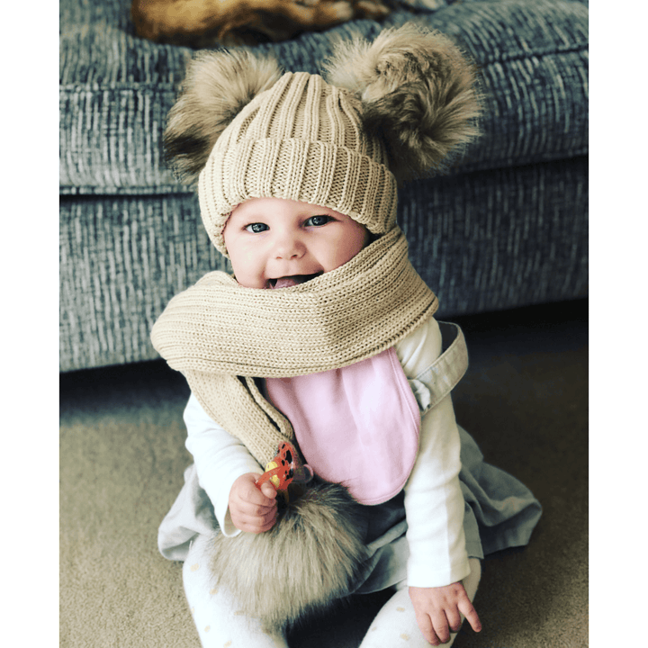 Kinder Knitted Double Faux Fur Pom Pom Hat | Millie and John