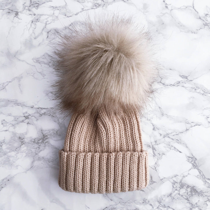 Kinder Knitted Faux Fur Pom Pom Hat | Millie and John