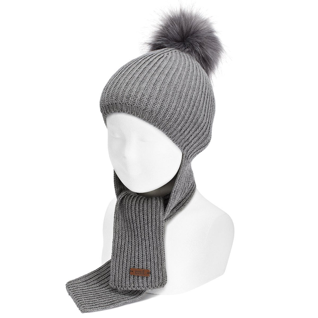 Condor Light Grey Faux Fur Pom Pom Hat-Scarf | Millie and John