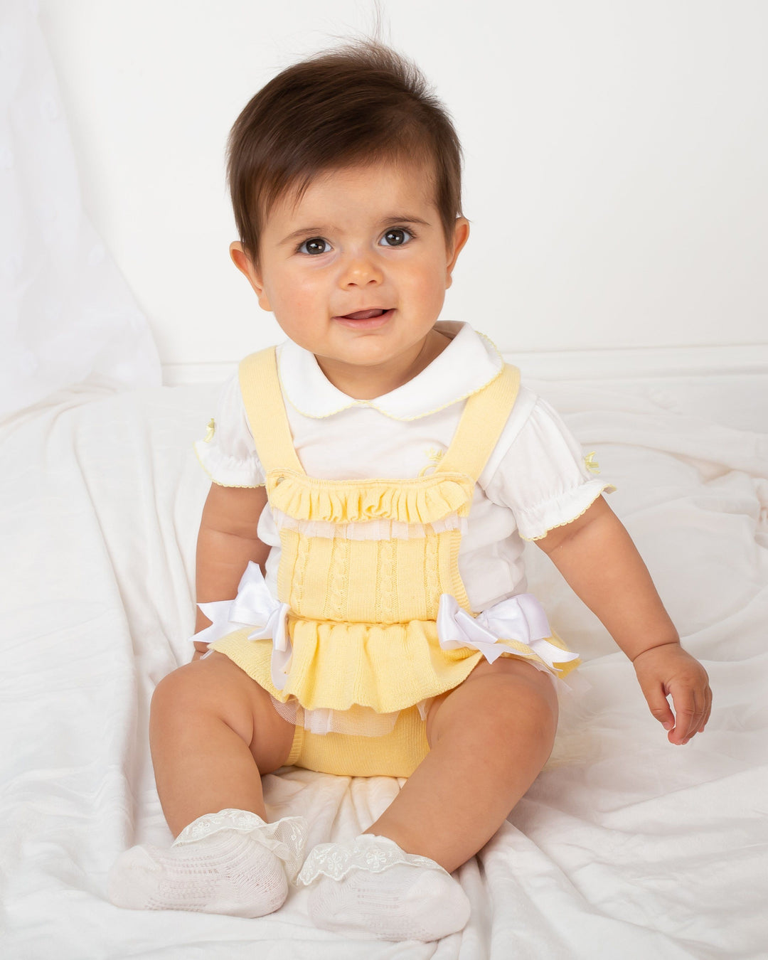 Caramelo Kids "Maeve" Lemon Knit Tulle Romper Set | Millie and John