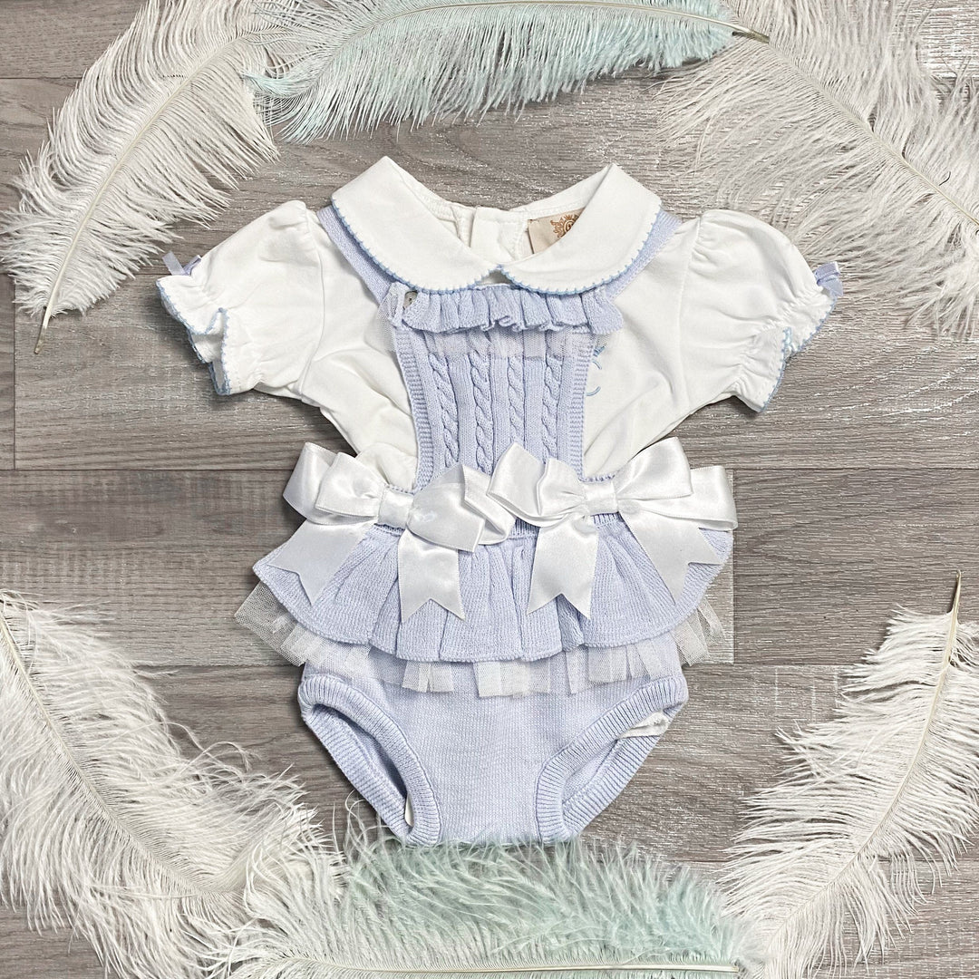 Caramelo Kids "Maeve" Pale Blue Knit Tulle Romper Set | Millie and John