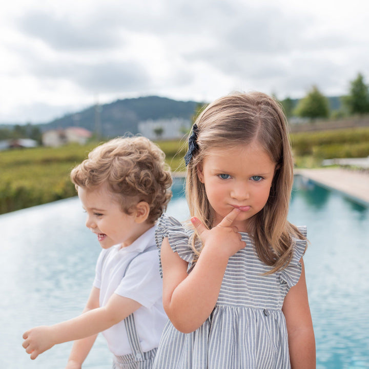 Wedoble Navy Striped Chambray Ruffle Shoulder Dress | Millie and John