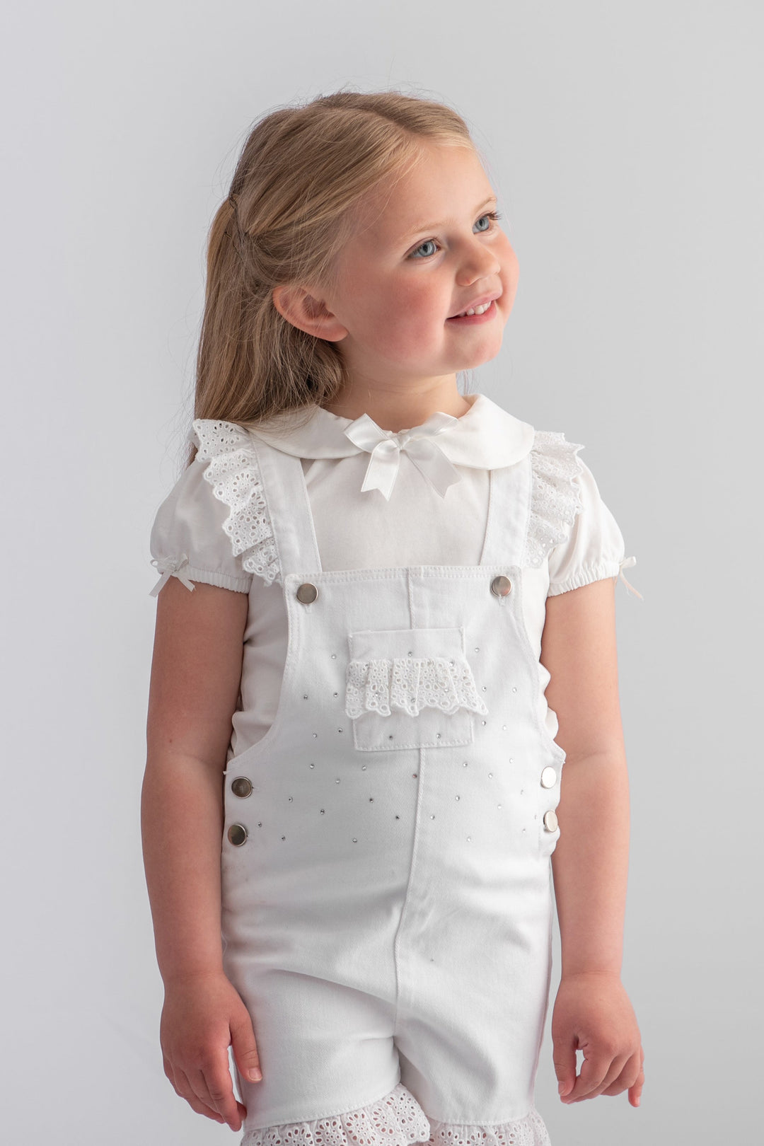 Caramelo Kids "Penelope" White Diamanté Denim Dungarees | Millie and John