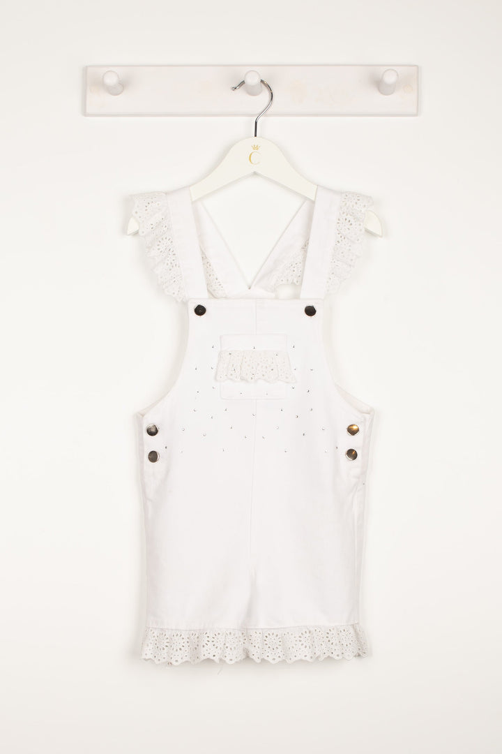 Caramelo Kids "Penelope" White Diamanté Denim Dungarees | Millie and John