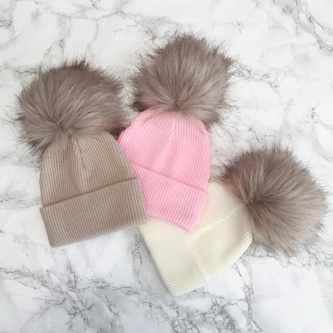 Millie and John Ribbed Brown Faux Fur Pom Pom Hat | Millie and John