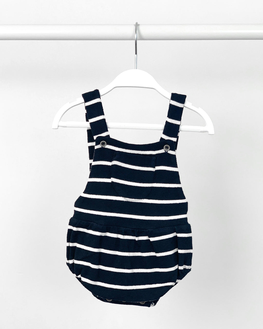 Babidu TERRY TOWELLING | Navy Striped Dungaree Romper | Millie and John