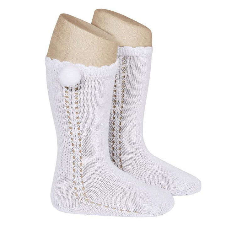 Condor White Openwork Pom Pom Socks | Millie and John