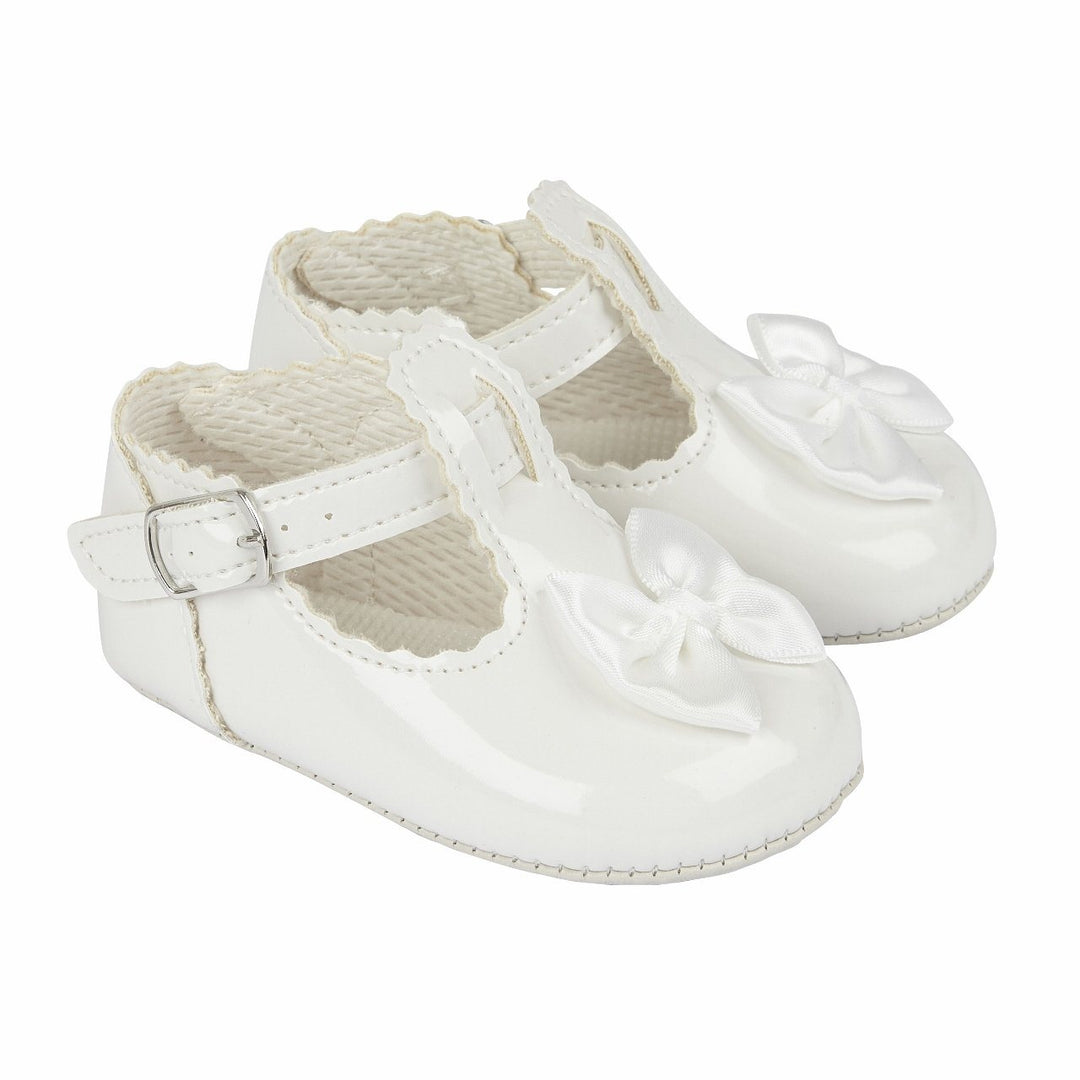 Baypods White Patent T-Bar Bow Soft Sole Shoes | Millie and John