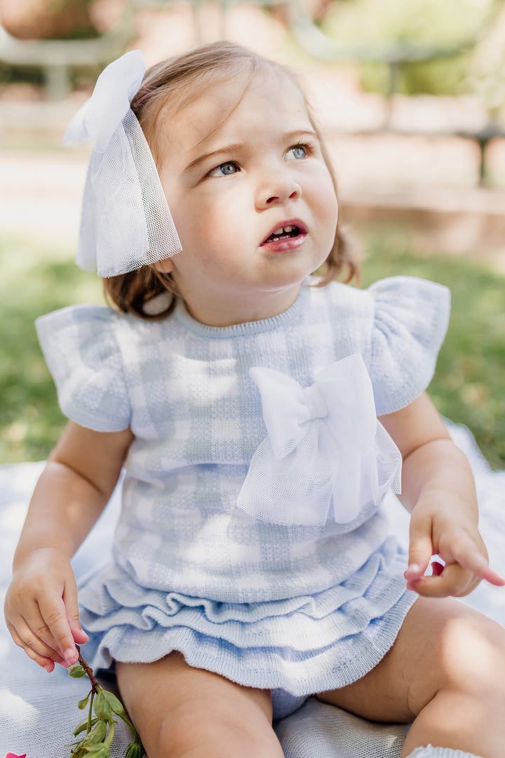 "Bella" Baby Blue Gingham Knit Top & Bloomers