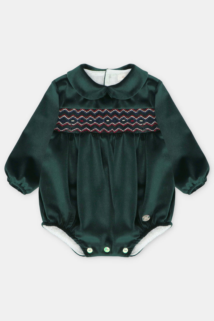 "Robin" Bottle Green Velvet Smocked Romper