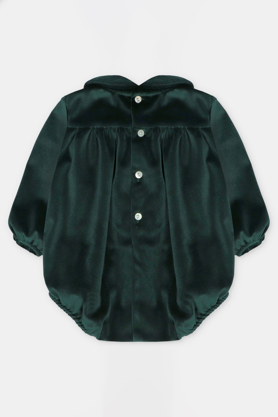 "Robin" Bottle Green Velvet Smocked Romper