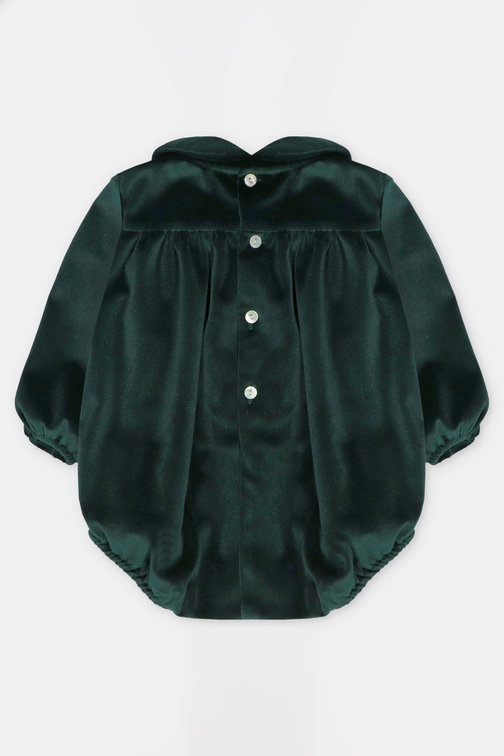 "Robin" Bottle Green Velvet Smocked Romper