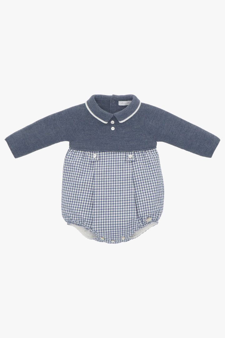 Martín Aranda "Lennie" Dusky Blue Half Knit Gingham Romper | Millie and John