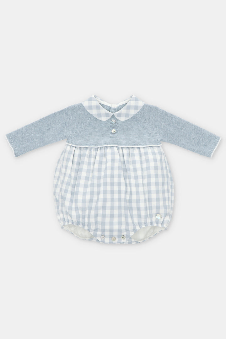 "Adam" Powder Blue Half Knit Gingham Romper