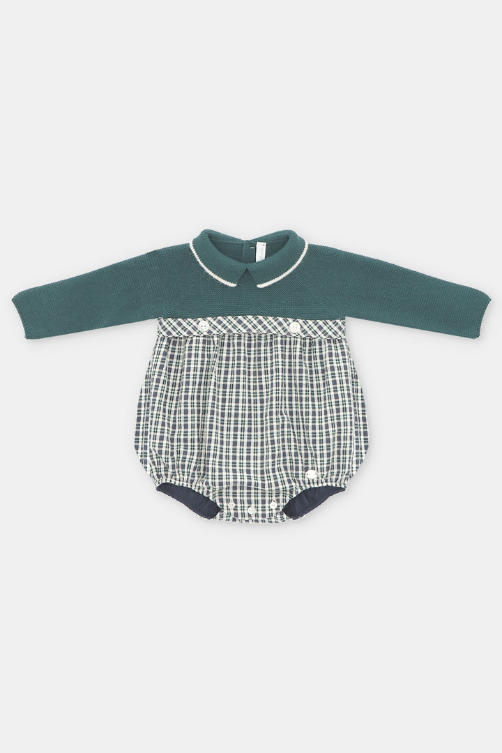 "Ben" Bottle Green Half Knit Tartan Romper