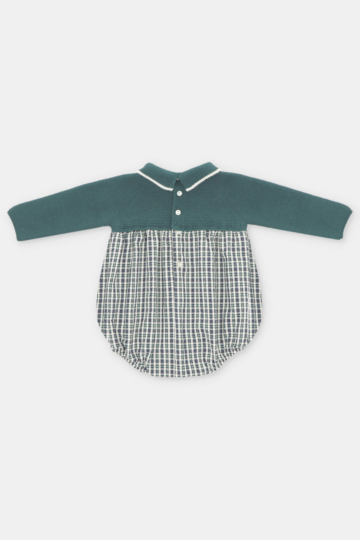 "Ben" Bottle Green Half Knit Tartan Romper