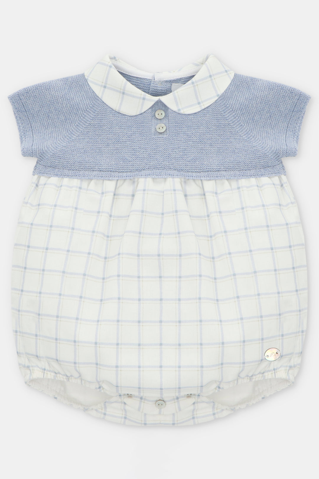 "Rupert" Sky Blue Half Knit Checked Romper