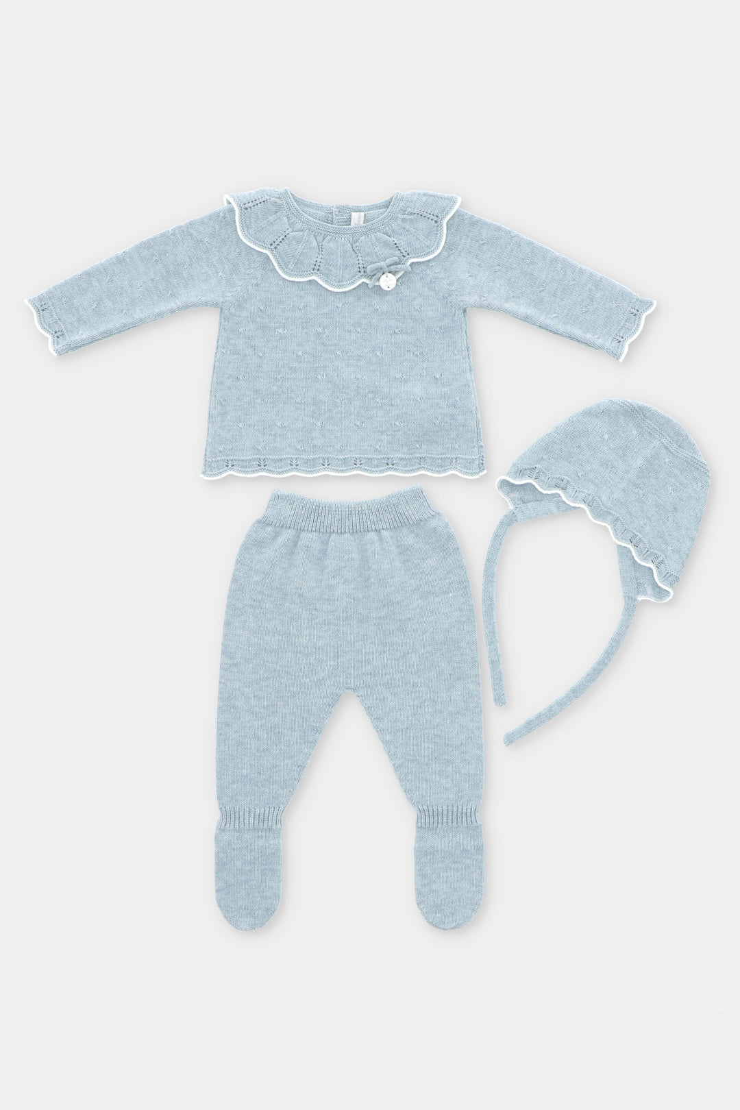 "Asher" Powder Blue Knit Top, Leggings & Bonnet