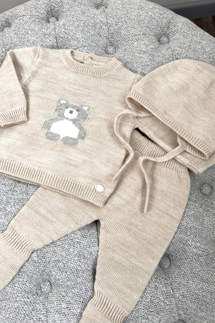 "Osito" Beige Knitted Bear Top, Leggings & Bonnet
